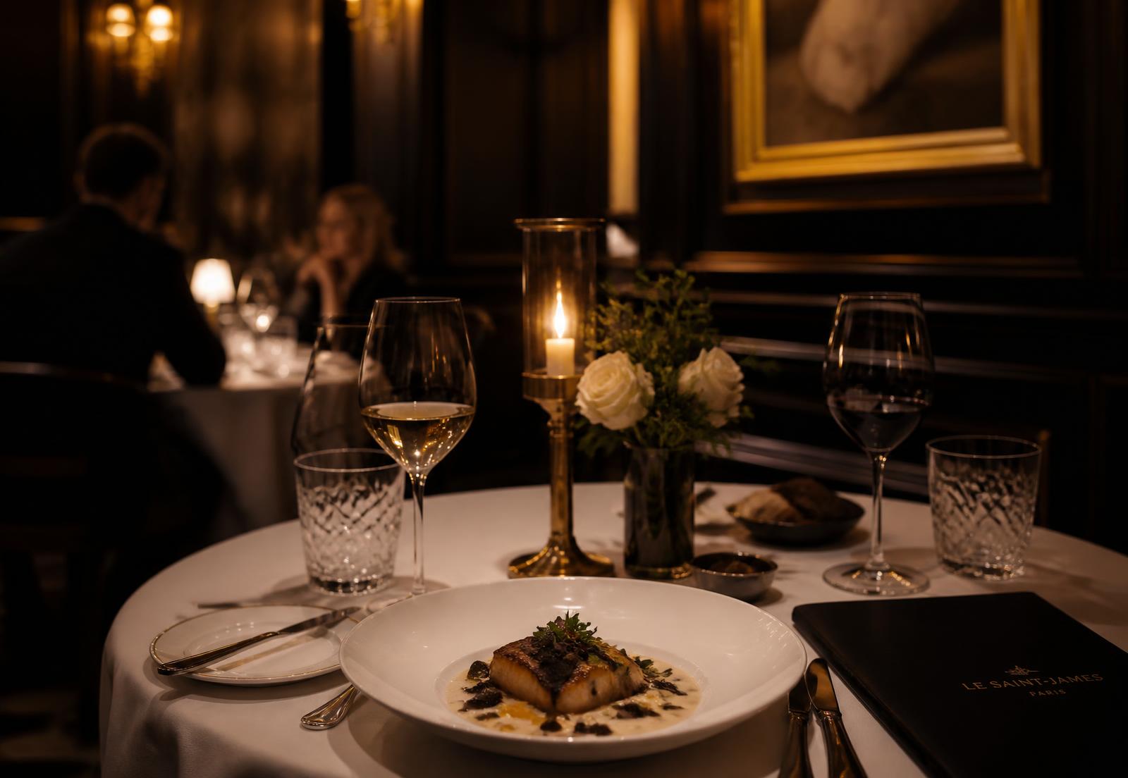 Candlelit table set for dinner in a sophisticated Parisian restaurant