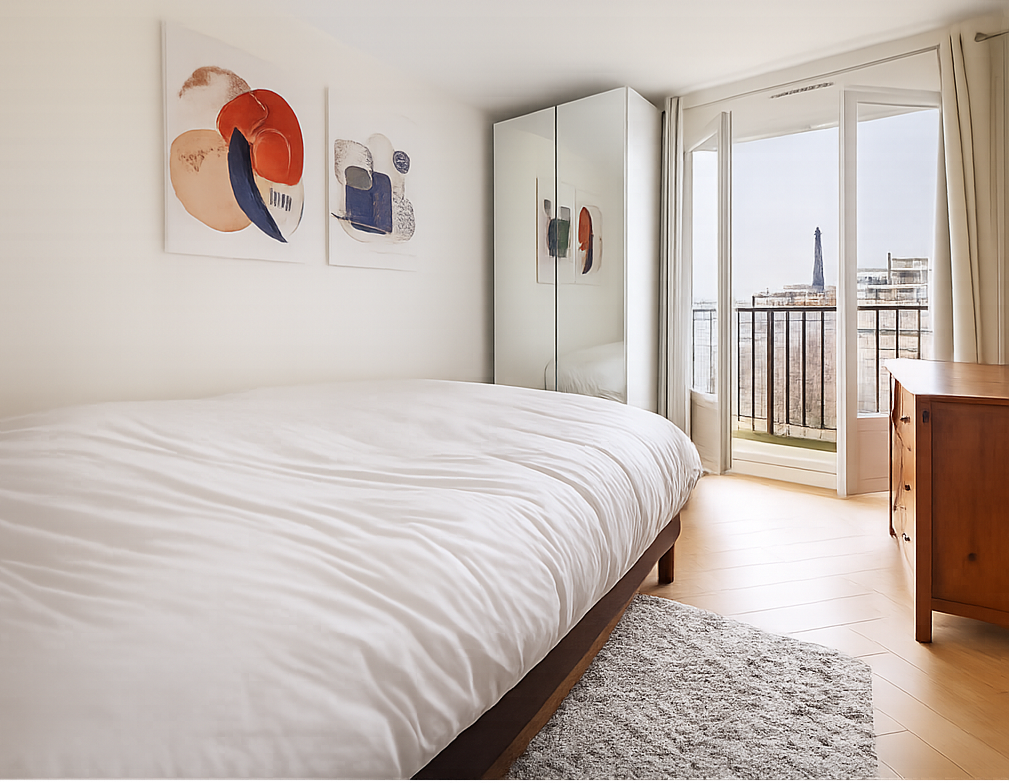 Bright bedroom with white bed, abstract art and Eiffel Tower view through the window