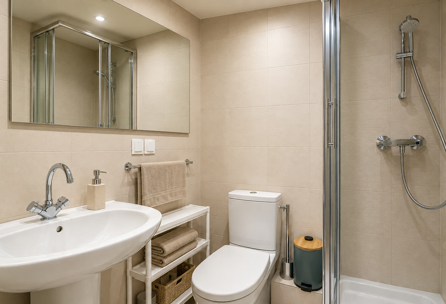 Modern bathroom with walk-in shower, basin and WC