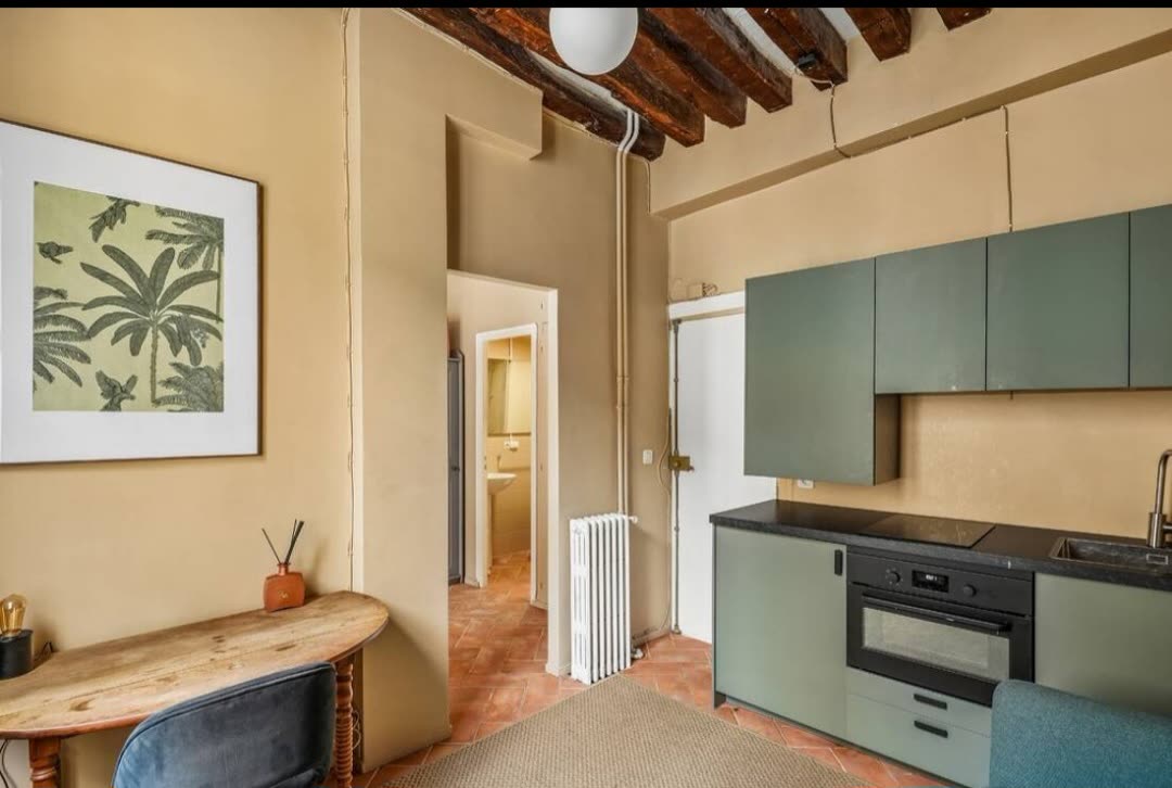 Fully equipped open-plan kitchen with oven, induction hob and terracotta flooring