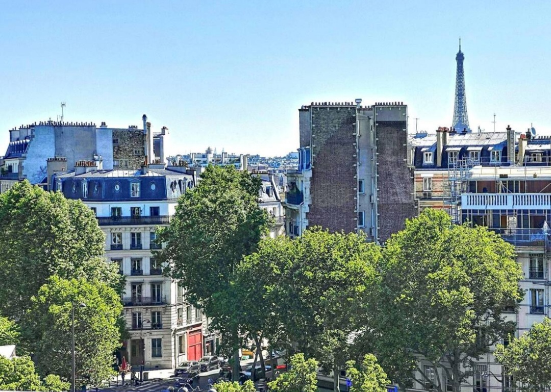 Panoramic view of Haussmann rooftops and the Eiffel Tower from the penthouse
