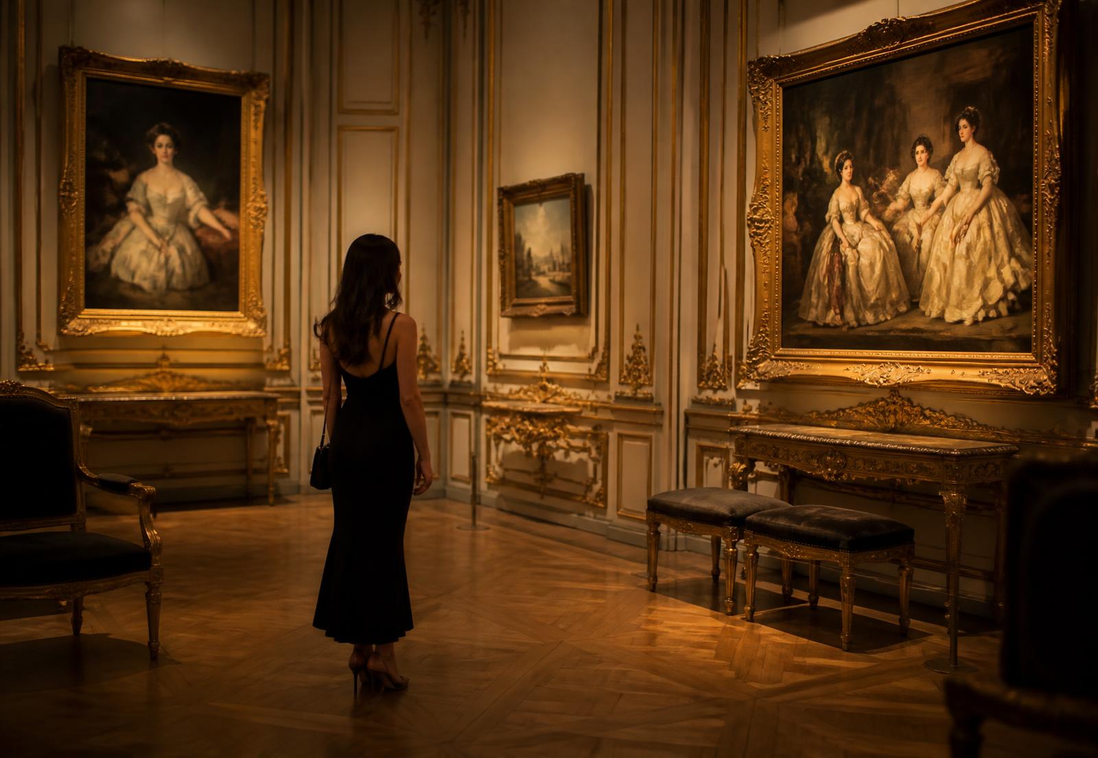 Guest alone in a gilded Parisian salon during an after-hours private visit