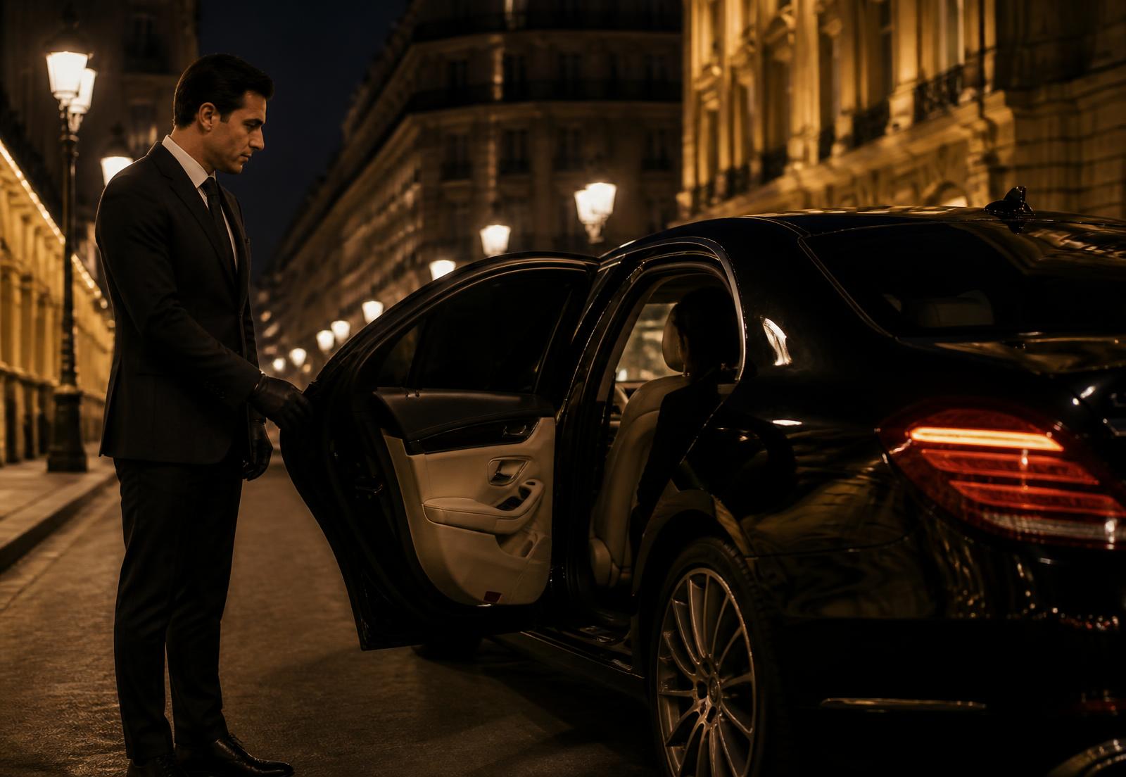 Chauffeur holding open the door of a black sedan on a Paris boulevard at night