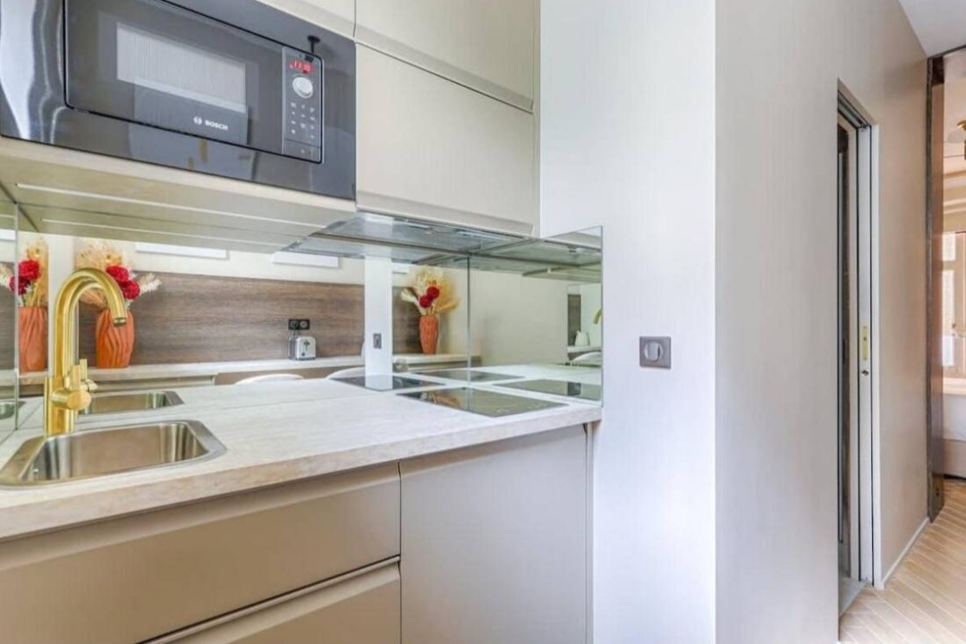 Fully equipped kitchen with induction hob, microwave and brass tap