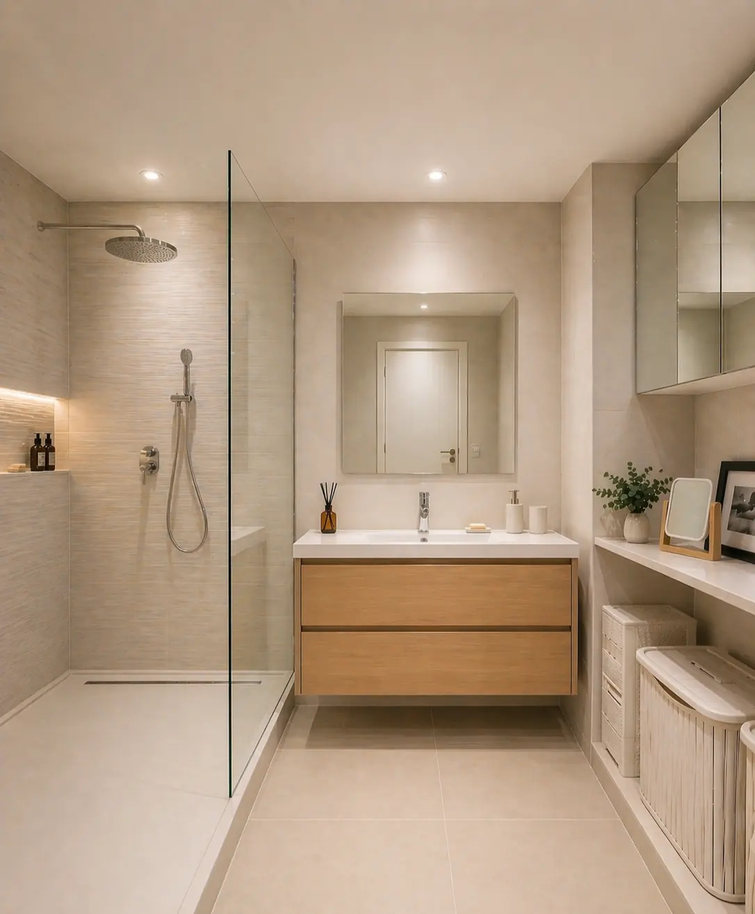 Modern bathroom with walk-in glass shower, wood-finish vanity and neutral tiles