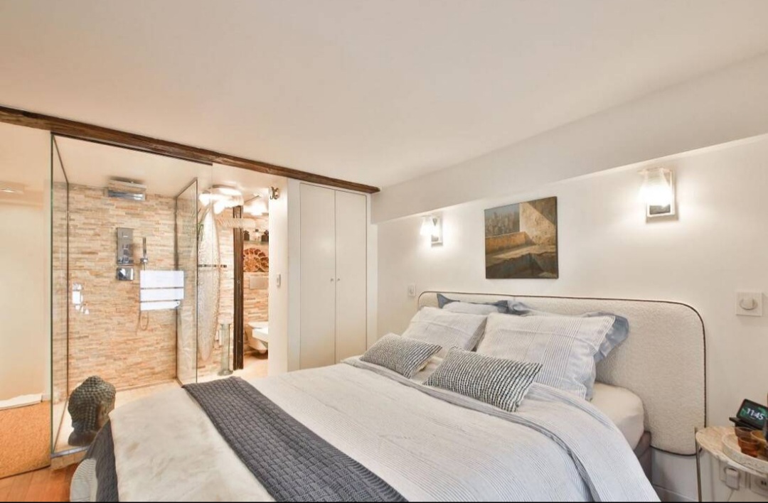 Bedroom with double bed and glazed walk-in shower in the Paris 1st duplex