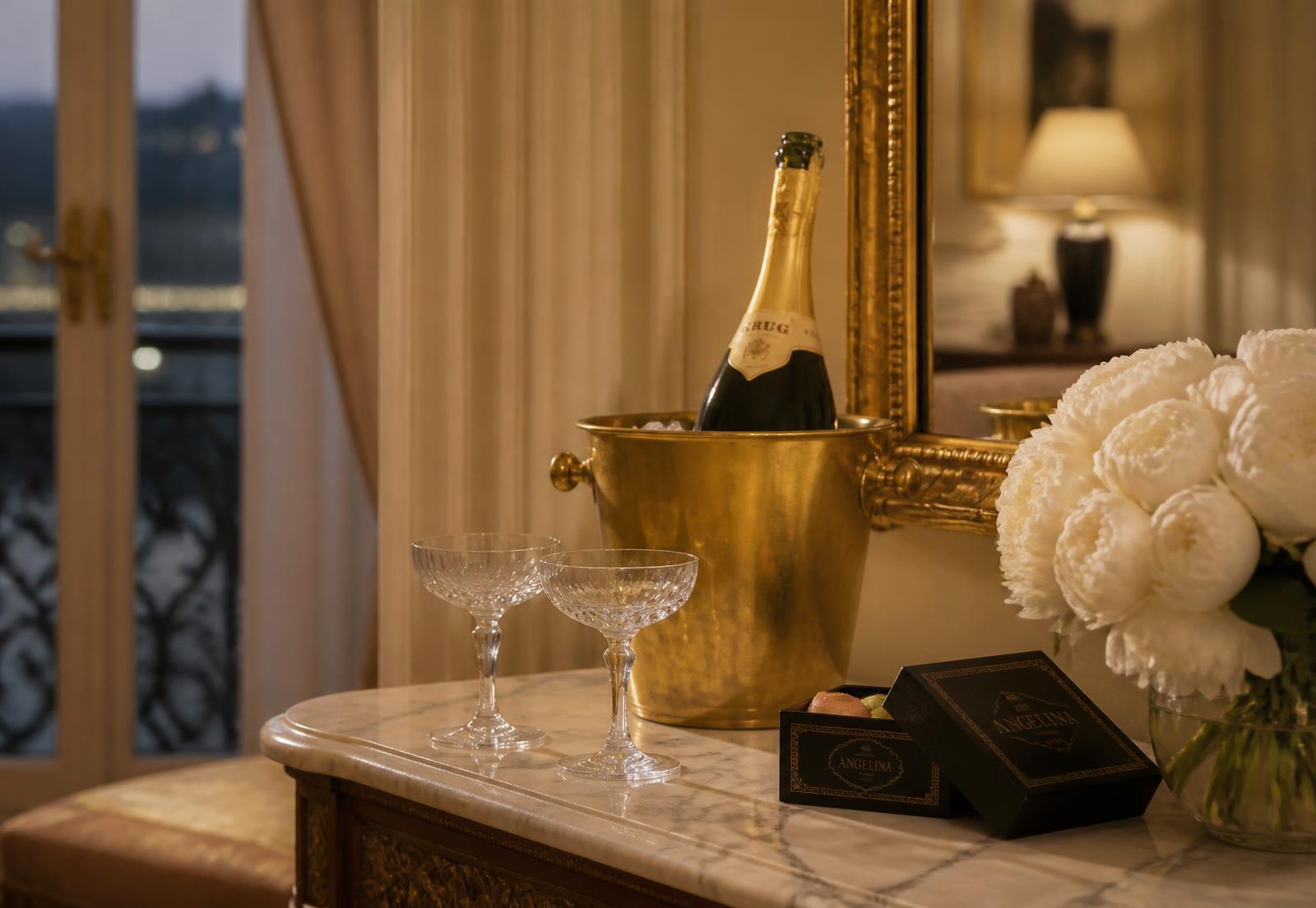 Accueil au champagne avec coupes en cristal et pivoines dans un appartement parisien
