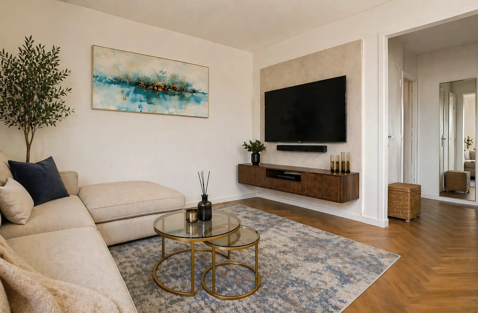Living area with wall-mounted TV, wooden console and abstract art